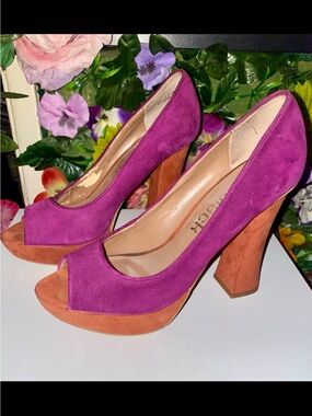 DaniBlack Gabby Suede Colorblock Platform Peep Toe Pumps Purple Rust
